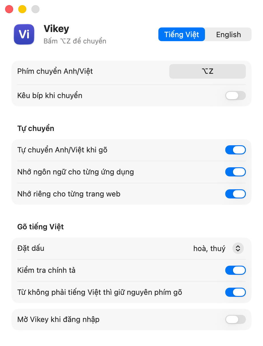 Cửa sổ Vikey: chuyển Tiếng Việt/English, phím tắt, tự chuyển, kiểu đặt dấu